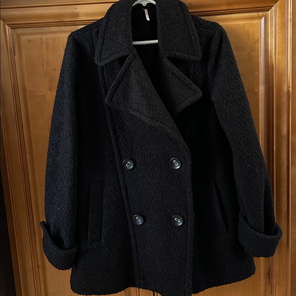 Free People Oversized Black Wool Blend Pea Coat - Picture 2 of 8